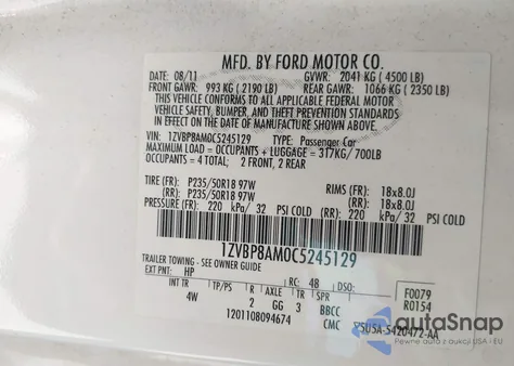 2012 Ford Mustang V6 Premium из США, поврежденный, VIN 1ZVBP8AM0C5245129